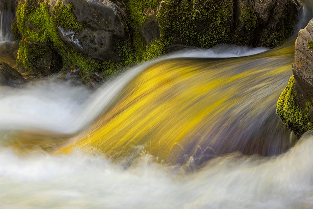 Spring foliage colors and sky reflecting on ripples on stream, Great Smoky Mountains NP, Tennessee